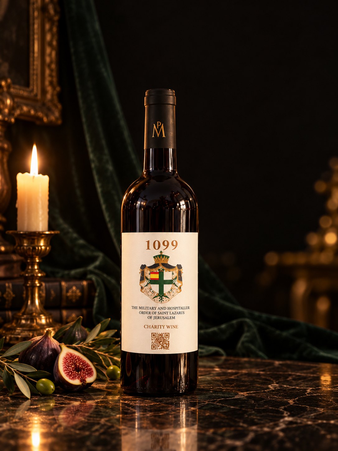 A bottle of 1099 Saint Lazarus Charity Wine lit by candlelight